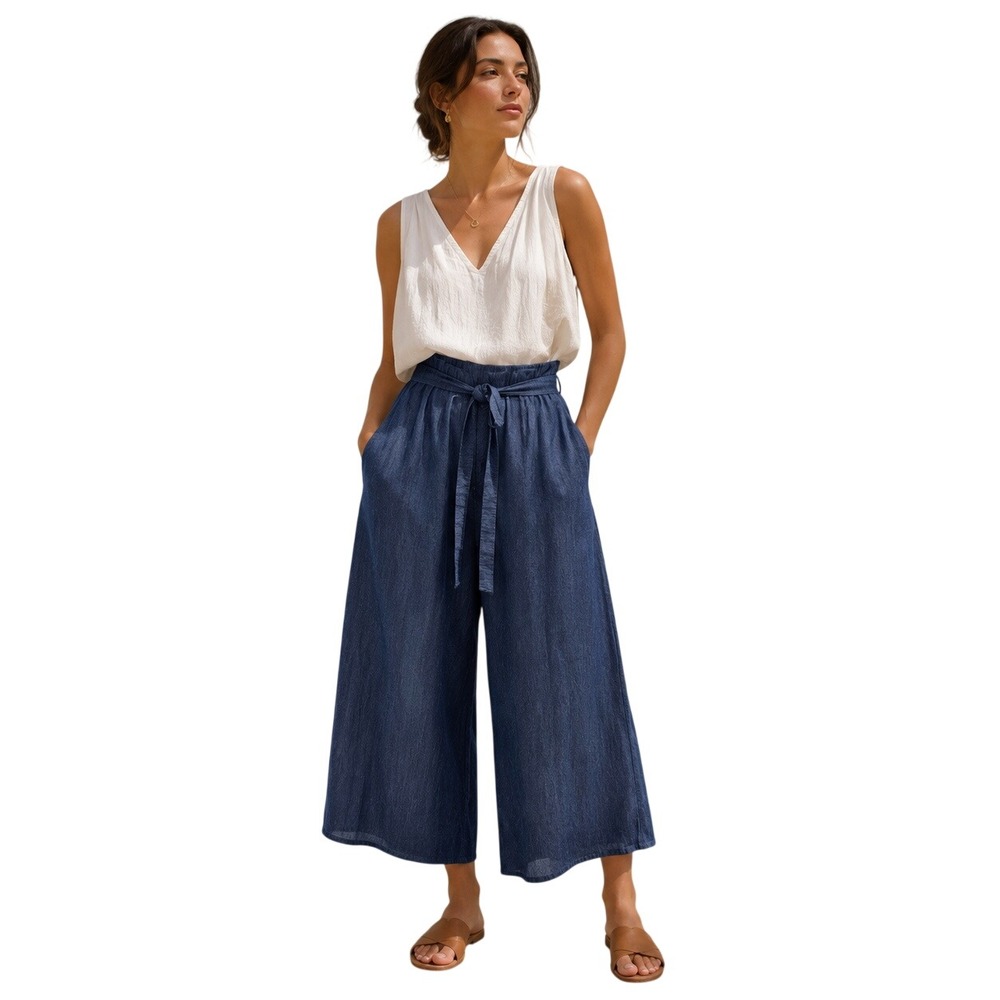 Naïf Blue Wide Leg Cropped Pants High Waist Tie Belt Culottes Womens Medium
